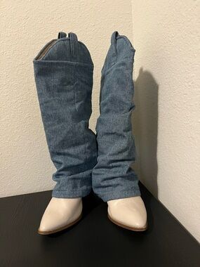 Denim Slouch Over-the-Knee Boots in Blue and Cream